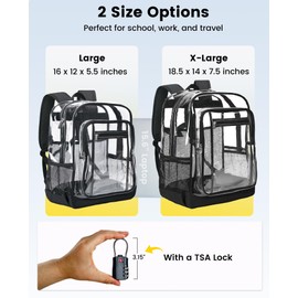Vorspack Clear Backpack Heavy Duty - Extra Large Clear Backpacks with TSA Lock Transparent See Through Bookbag for College, Work, Travel - Black