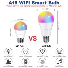 LEDEPLY 5W=40W, A15 Smart Bulb, Compatible with Alexa, Google Home, E26, Color Changing, Dimmable LED WiFi Light Bulbs, No Hub Required, 1 Pack