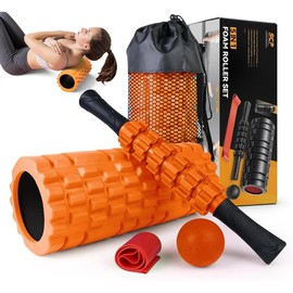 5 in1 Foam Roller Set, Trigger Point Foam Roller, Massage Roller Stick, Massage Ball, Resistance Band for Deep Muscle Massage Pilates Yoga,Fitness Exercise for Whole Body (Orange-Black) - Color: Black-red