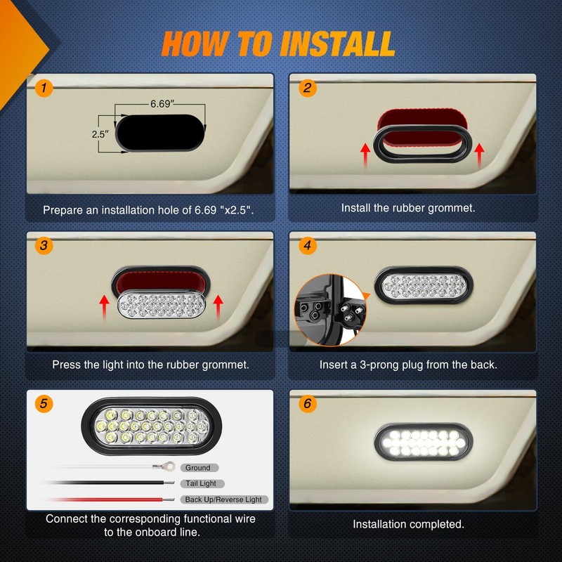 Nilight 6Inch Oval Trailer Tail Light 2PCS White 24LED Back