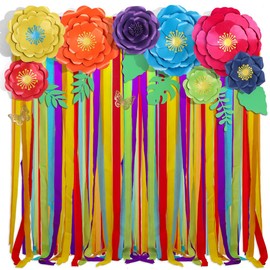 Mverse Large Mexican Paper Flowers Decorations for Wall | Pre-Assembled Giant Flower with Crepe Paper Roll Rainbow Streamers, Leaves, Butterfly Décor for Party