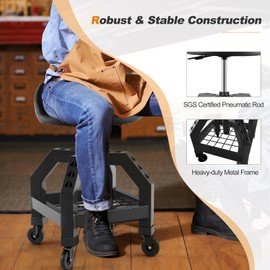 IRONMAX Rolling Shop Stool, Adjustable Height Padded Garage Creeper Seat with 360° Swivel Wheels and Tool Tray, Heavy Duty Steel Mechanic Stool for Workshop Garage Auto Repair Shop (Black)