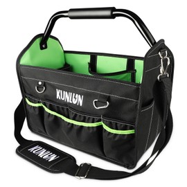 17-Inch Open Top Tool Bag, Electrician Tool Bag, Tool Tote Bag Organizer for Easy Tool Access, 33 Pockets Foldable Tool Carrier with Rotating Steel Handle and Removable Shoulder Strap (Black+Green)