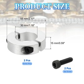 sourcing map Bore 30 mm Double Split Shaft Collar 55 mm OD 15 mm Thickness Aluminum Alloy Locking Collar Clamp Style with Set Screw & Hex Wrench for Machine Tools Industry (Silver, Pack of 2)