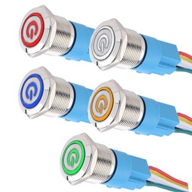 DMWD 5Pcs 19mm Metal Latching Push Button Switch Waterproof Silver Shell 12V-24V 1NO 1NC ON/Off for 3/4" Mounting Hole with Pigtail with Power Symbol 5Colors (Blue,Orange,Green,Red,White)