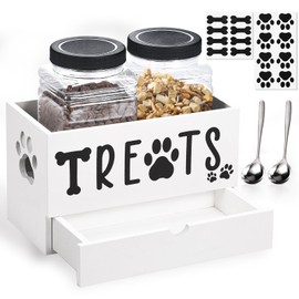 Dog Treat Container, Double Dog Food Storage Container with 2 Treat Jars, 2 Scoops, Pet Treat Storage Organizer Cat Treat Container Dog Treat Organizer and Storage, Gifts for Pet Owner, White