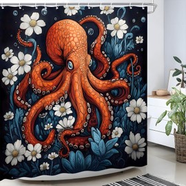 Vintage Octopus Shower Curtain Funny Red Kraken Tentacles Floral Nautical Ocean Creative Sea Animal Cool Modern Fabric Bathroom Decor Curtain Sets with Hooks (70" Wx70 H)