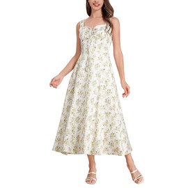 ODIZLI Floral Corset Dress Cottage Core Dress for Women Sweetheart Neckline Tie Front Ruffle Midi Dresses Party Going Out A Line Casual Bustier Corset Top Dress Flowy Lace Up Sundress White Yellow S