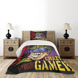 Lunarable Gamer Bedspread, Crazy Words Futuristic Controller Purple Paint Splashes Background, Decorative Quilted 2 Piece Coverlet Set with Pillow Sham, Twin Size, Red