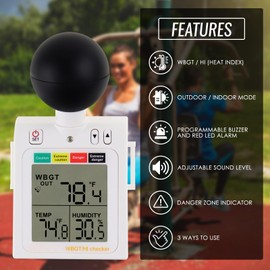 Wet Bulb Thermometer 2-in-1 WBGT + HI Heat Index Checker Heat Stress Meter, Wearable Indoor Outdoor Wet Bulb Globe Thermometer Humidity Tester with Four Level Indicator and Audible Alarm