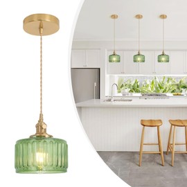 Shenmoyl Pendant Light with Green Striped Glass Lmapshade, Brass Vintage Pendant Light Adjustable Hanging Light for Kitchen Island Dining Room Hallway