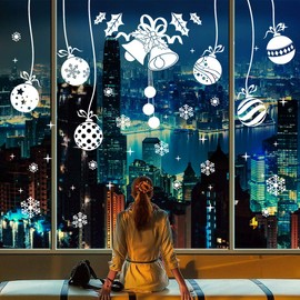 White Christmas Jingle Bell Bauble Ball Door Cover Window Clings Removable Murals Christmas Snowflakes Window Stickers Clings Christmas Home Store Shop Window Door Decorations Window Display
