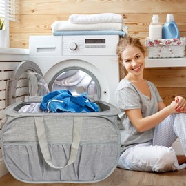 2 Pack Collapsible Laundry Baskets with Lid, Foldable Laundry Basket with Pockets, Pop Up Hamper with Dual Handles, 99L Sturdy Hampers for Clothes, Groceries, Supplies, Tools, Grey