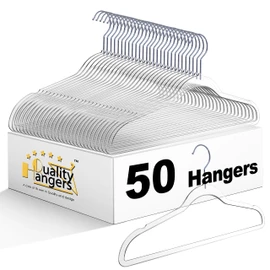 Quality Hangers Clear Plastic Hangers for Clothes | 50 Pack - 17.5 Inch | Heavy Duty Hangers Space Saving Crystal Acrylic | 360 Degree Swivel Hook and Notches (Clear, 50)