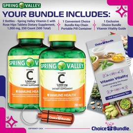 Choice Bundle Spring Valley Vitamin C 1000 mg Dietary Supplement Tablets with Rose HIPS 250 Ct 2 pk (500 Total) + Vitamin Guide & Portable Pill Container (4 Items)!