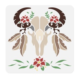 Feathered Cow Skull Craft Stencil for Drawing 30 x 30cm Reusable Plastic Bull Skull Stencil for Painting on Wood Wall Fabric, DIY Home Decor Stencil