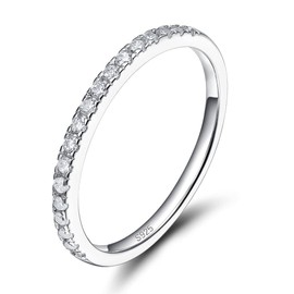 EAMTI 2mm 925 Sterling Silver Wedding Band Cubic Zirconia Half Eternity Stackable Engagement Ring Size 7