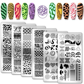 PH PandaHall 6pcs Nail Stamp Plate Set Leopard Print Nail Art Stamping Plate Tree Texture Nail Art Stencils Stainless Steel Line Pattern Nail Image Plate for Women DIY Printing 4.7x2.3 inch