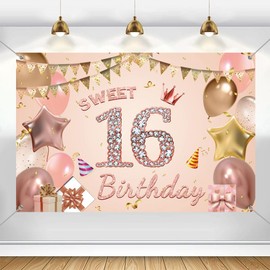 Happy 16th Birthday Decorations Backdrop Banner for Girls Happy 16 Years Old Party Fabric Sign Poster Girl Birthday Rose Pink Photo Background Sweet 16th Birthday Party Supplies, 150cm x 90cm