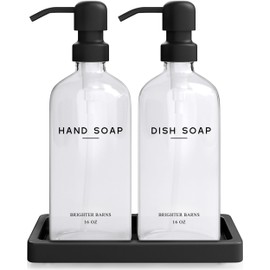 Glass Hand and Dish Soap Dispenser Set by Brighter Barns - Kitchen Soap Dispenser Set with Tray, Stainless Steel Pump - Liquid Soap Dispenser for Kitchen - Black Kitchen Accessories for Home (Clear)