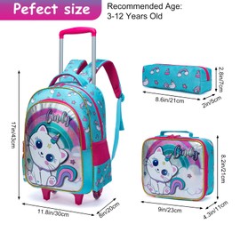 Egchescebo Kids Rolling Cats Backpack for Girls Trolley Suitcases Luggage Travel with Wheels Bookbag Wheeled 3PCS Roller Backpacks Toddler Tote Bag Back Pack School Bags Set for Elementary Green