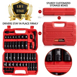 LLNDEI 3/8" Drive Impact Socket Set SAE and Metric (5/16"- 3/4", 8-22mm) 48pcs, CR-V Steel, 6 Point Sockets, Extension Bar (3-in, 6-in), 1/2"F to 3/8"M Reducer Universal Joint