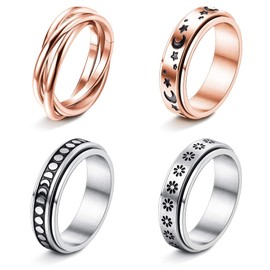 FUNRUN JEWELRY 4Pcs Stainless Steel Fidget Anxiety Ring for Women Men Fidget Spinner Rings Moon Star Celtic Stress Relieving Spinning Ring Wedding Band Rings Set Size 8(RG)