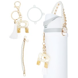 TOVICE Letter Accessories for Owala Water Bottle 24-40oz, 3PC Cute Initial Keychain & Water Bottle Handle Strap with a Thick Elastic Silicone Ring Holder (White,R)