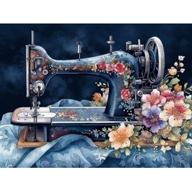 Generic Floral Blue Sewing Machine 11ct Counted Cross Stitch Kits Color Printed Stamped Cross-Stitch Supplies Needlework Printed Embroidery Kits DIY Kits Needlepoint Starter Kits 50x40cm(E116)