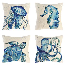Ocean Beach Throw Pillow Covers Set of 4 Turtle Crab Seahorse Fish Decorative Sea Coastal Theme Decor Cushion Square Pillowcase 45x45cm Beach Pillows for Patio Couch Sofa,Marine Animals (2)