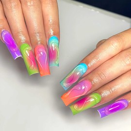 Rilafuvu Press on Nails Long Fake Nails Colorful Nails press ons Glue on Nails 3D Embossed Wave Acrylic Nails Rainbow False Nails for Women 24Pcs (long coffin nails)