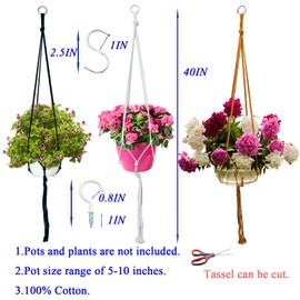 Macrame Plant Hangers Planter Flower Pots Holder 3 Pack Basket Stand Tassels with 6 Hooks Kit Cotton Rope for Decorative Indoor Outdoor Patio Garden Boho Home Décor (POTS NOT Included) (Brown)