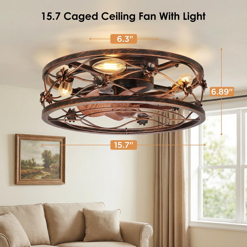 ropelux Caged Ceiling Fan with Lights, Rustic Farmhouse Low Profile