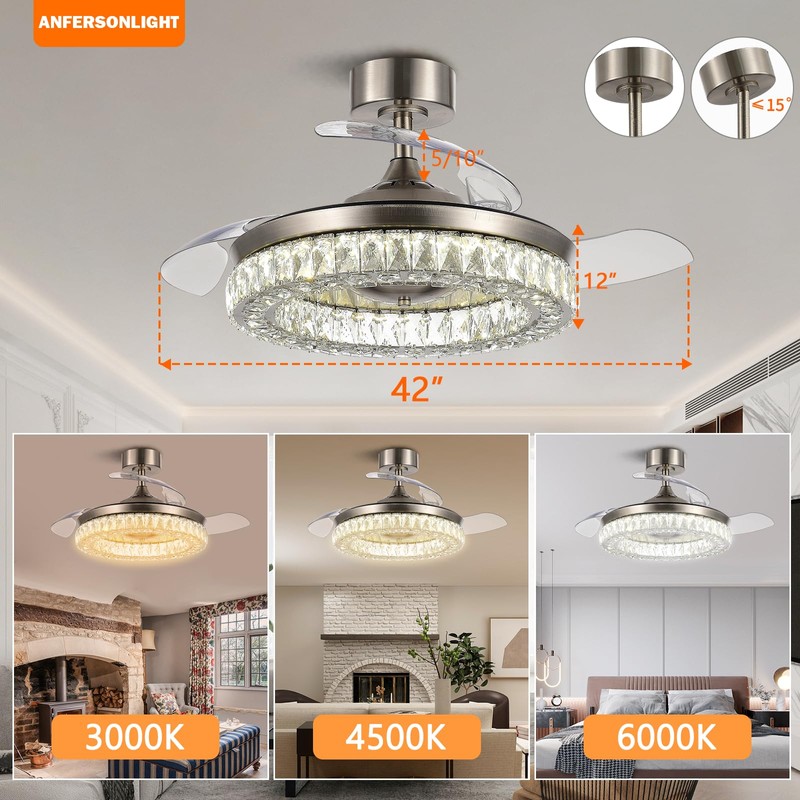 ANFERSONLIGHT Retractable Ceiling Fan with Lights and Remote, 42 Inch