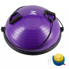 Zelus 23" Half Exercise Ball Trainer Balance Stability Ball Resistance Band - Purple