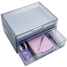 STORi STORi STAX Plastic Stackable Organizer Drawers (Set of 2) Classic Grey | 12.5" Wide | Set Includes One Open Drawer & One Divided Drawer | Organize Office Desk Accessories & Sort Paper | Made in USA