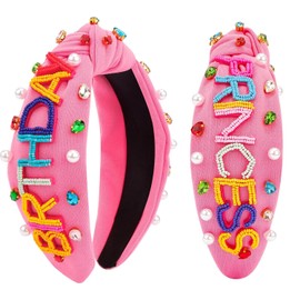 COCIDE Birthday Princess Headbands for Women Knotted Headbands for Women Pearl Wide Plain Turban Colorful Beads Hairbands Fashion Cross Knot Hair Bands with Crystal and Rhinestones (Pink, one size)