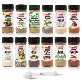 D.F. LUXURY Kitchen Essentials 12 Piece Spice Set with Basil, Cayenne, Chili, Everything Bagel, Garlic, Lousiana Cajun, Onion, Oregano, Paprika, Sage, Sazon Complete, Taco Seasoning Plus D.F. LUXURY Measuring spoon.