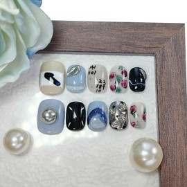 Short Square Press on Nails Handmade False Nails with 3D Designs/Charms, Cute Reusable Fake Stick on Acrylic Tips (Light Blue+Rose, Large)