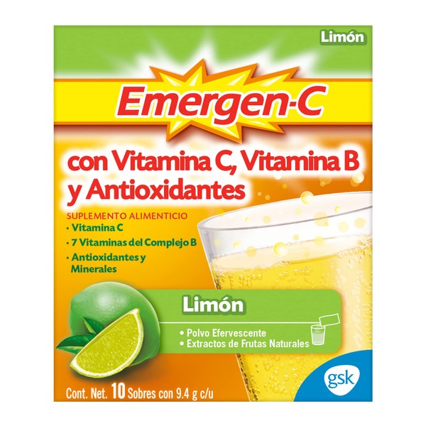Emergen-C, Suplemento Alimenticio sabor Limón. Polvo Efervescente. Caja con 10 sobres