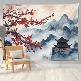 keowhsf Japanese Tapestry Aesthetic Wall Decor – Watercolor Ink Landscape with Red Plum Blossoms and Misty Mountains, Asian Art Hanging for Bedroom, Living Room, Dorm
