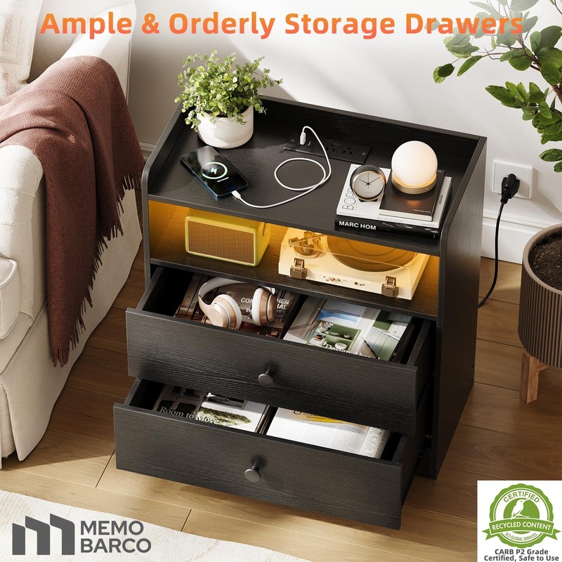 Memobarco Nightstand with Charging Station and LED Light,Modern Nightstand with