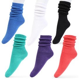 HOT FEET Girls Slouch Socks - 6 PK Tall Stacked Slouchy Socks, Warm Cotton Blend Long Calf Socks for Kids, Big Girls 9-12 Years, Black/White/Red/Blue/Green/Purple