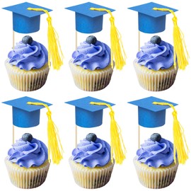 Gyufise 24Pcs 2025 Graduation Cap Cupcake Toppers with Tassel DIY 2025 Congrats Grad Cupcake Picks Graduation Cap 2025 Congrats Cupcake Picks for Grad Theme Party Supplies Blue Gold