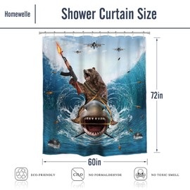 Homewelle Funny Cool Humor Shower Curtain for Men Adults Ocean Summer Shark Bear Riding Surfing Animal Beach Blue Waves 60Wx72H Inch Boys Waterproof Polyester Fabric Bathroom Bathtub