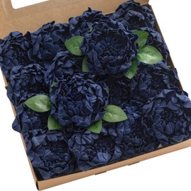 Ling's Moment Flowers 16pcs Navy Blue Blooming Peonies Artificial Flowers with Stem, Artificial Peony Flowers for DIY Wedding Decorations Centerpieces Bouquets Boutonnieres