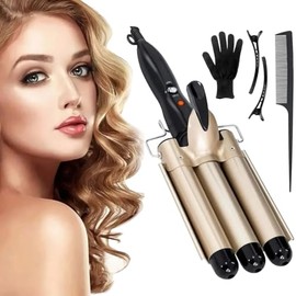 Rizador de Cabello Ondas Triple Barril 25 mm, Tenaza Ondulador de Cerámica con Temperatura Ajustable, Calentamiento Rápido, para Cabello Medio Largo, Ondas de Sirena para Mujer en Casa y Viaje