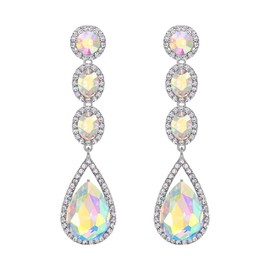 Flyonce Bridal Rhinestone Teardrop Dangle Earrings, Wedding Crystal Drop Earrings for Women Pierced Dangling Iridescent Clear AB Silver-Tone
