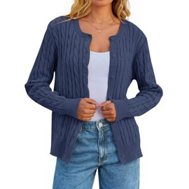 MEROKEETY Women's Cable Knit Open Front Cardigan Sweaters Fall Long Sleeve Button Down Soft Outwear, Navy, S