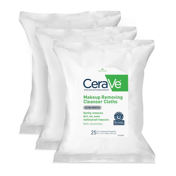 CeraVe Makeup Removing Cleanser Cloths | Makeup Wipes to Remove Dirt, Oil, & Waterproof Eye & Face Makeup | Fragrance Free | 3 Pack, 25 Count Each